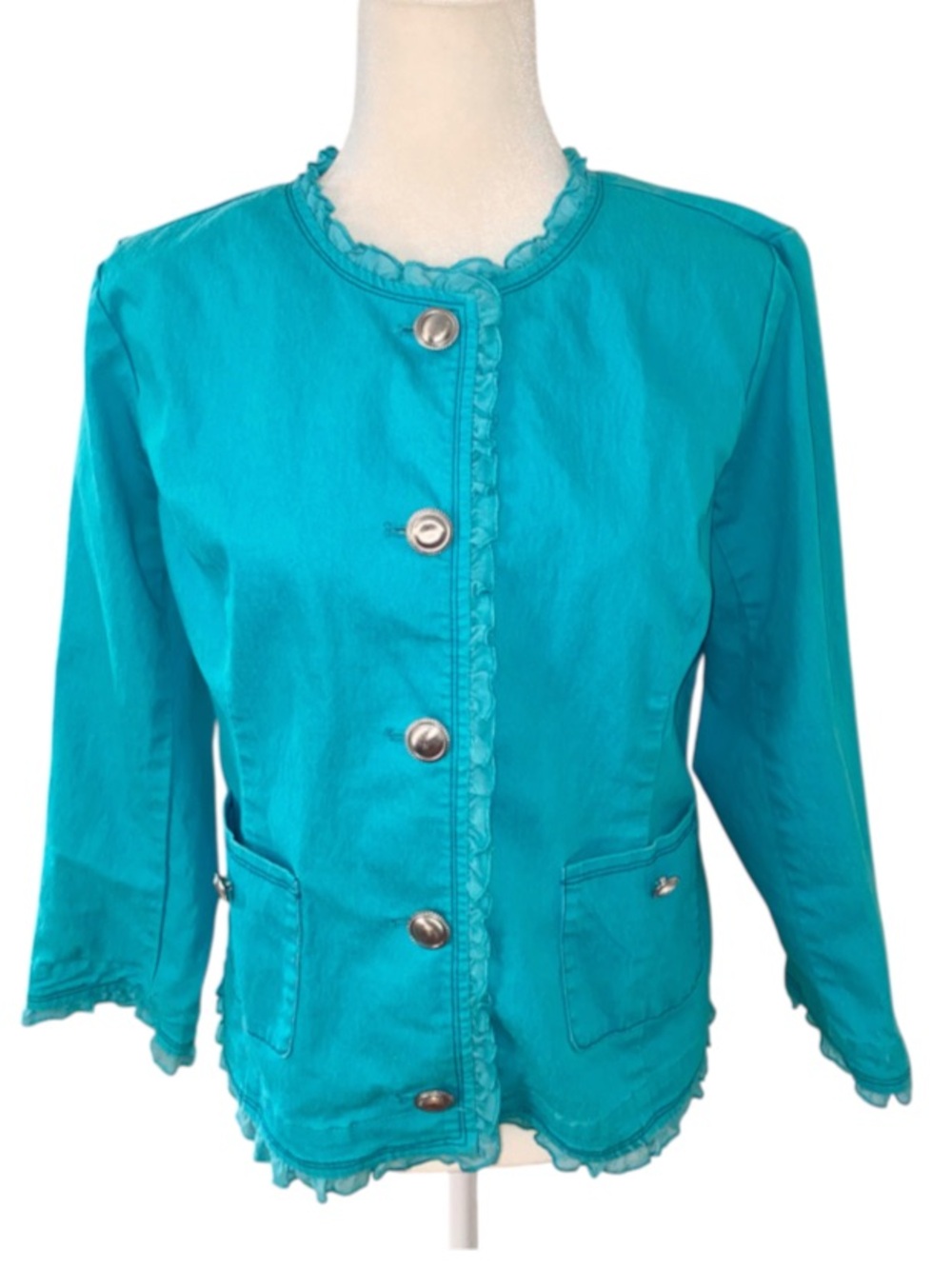 Joan Rivers Turquoise Ruffle Trim Jacket Silver Buttons Size 10 - Picture 1 of 9